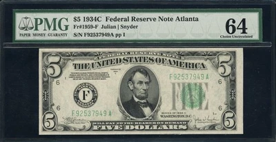 1934C $5 Atlanta Federal Reserve Note Julian / Snyder PMG Choice Uncirculated 64 - Image 1 of 2