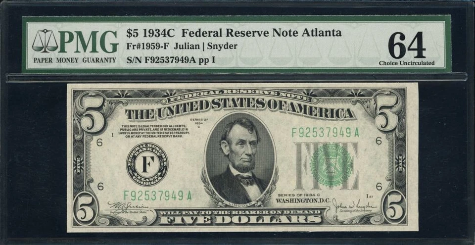 1934C $5 Atlanta Federal Reserve Note Julian / Snyder PMG Choice Uncirculated 64 - Image 1 of 2