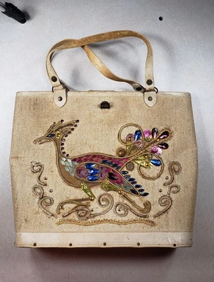 Дерево и холст винтажный Enid Collins стиль Дамская сумка сумочка 1970-х TH24013 - Изображение 1 из 4