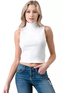 Women's Crop Top Sleeveless Turtleneck Cream Rib Knit T Shirt Blouse - Picture 1 of 6