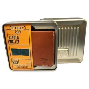 NEU STANLEY TOOLS BRAUN HELLBRAUN LEDER FALTBARE GELDBÖRSE MIT METALLPRÄSENTATIONSDOSE - Bild 1 von 4