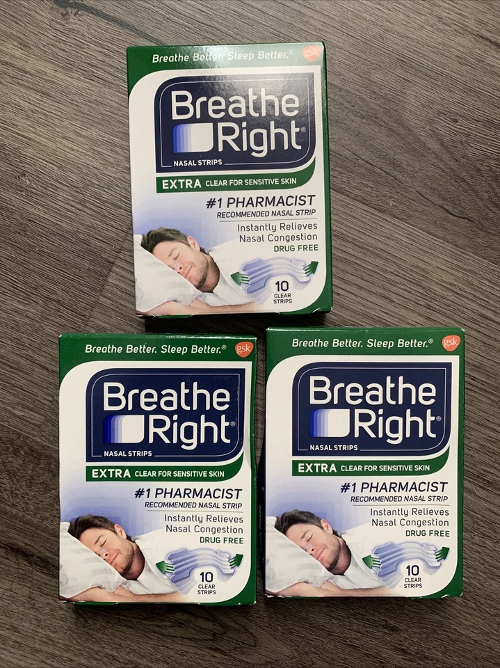 LOTE DE TRES tiras nasales Breathe Right piel sensible extra clara 10 CT alergia Foto 1 de 1
