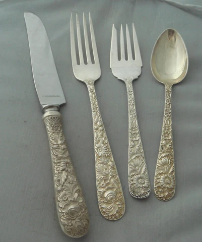 S. Kirk Repousse Sterling Silver Four Piece Setting New French Knife Cover