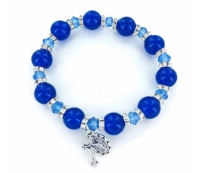 BLUE GLASS BEAD STRETCH BRACELET WITH CRUCIFIX AND MIRACULOUS CHARM - Picture 1 of 1