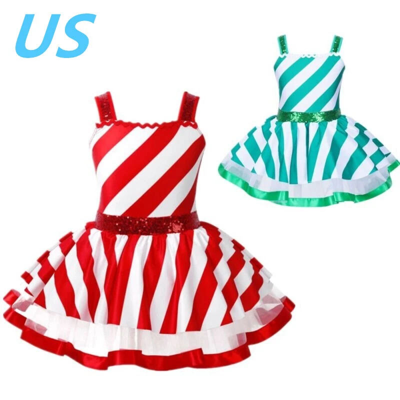 Niños Niñas Fiesta de Navidad Tutú Vestido Bastón de Caramelo Rayas Lentejuelas Leotardo Vestido Foto 1 de 4