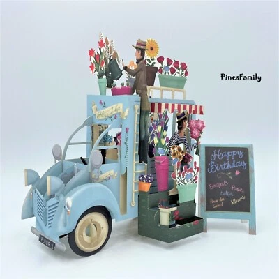 PINESFAMILY F01-3D Pop Up Flower Cart Greeting Card! Valentine's day, Mother's day, Birthday