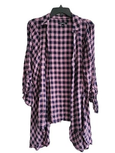 Relativity Pink/Blue Plaid Roll Up Sleeve Flannel Large Asymmetrical Shirt Women - Picture 1 of 11