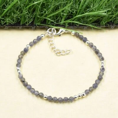 Bracciale con perline fatte a mano in vera pietra preziosa Iolite Rondelle... - Immagine 1 di 4