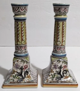 2 - Vintage Handpainted Pottery Candlesticks - Portugal Signed by Artist - Flaw - Picture 1 of 11
