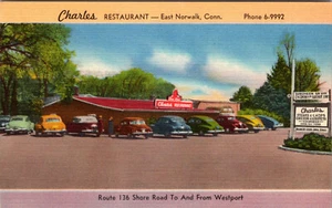 TARJETA POSTAL DE LINO VINTAGE RESTAURANTE CHARLES ROADSIDE NORWALK CONNECTICUT ROADSIDE - Imagen 1 de 2