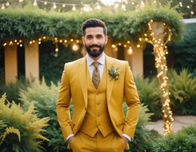Traje de boda mostaza de 3 piezas para hombre calce ajustado un botón elegante traje de padrino Foto 1 de 4