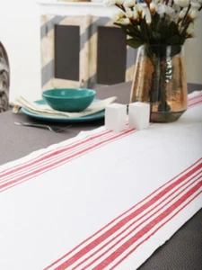Cotton Table Runner Vintage French Stripes Red - Picture 1 of 7
