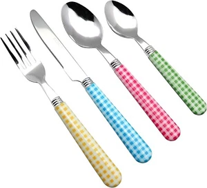 EXZACT Cutlery Set 24pcs Stainless Steel with Gingham Check Coloured Handles - Picture 1 of 8