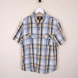 TIMBERLAND Shirt Mens L Large Blue Yellow Check Slim Short Sleeve Cotton Pockets - Picture 1 of 11