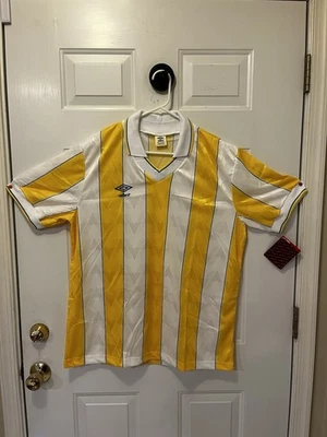 Vintage Umbro Soccer Jersey XL NWT Made in USA 90s Yellow White Striped Shirt - Image 1 of 4
