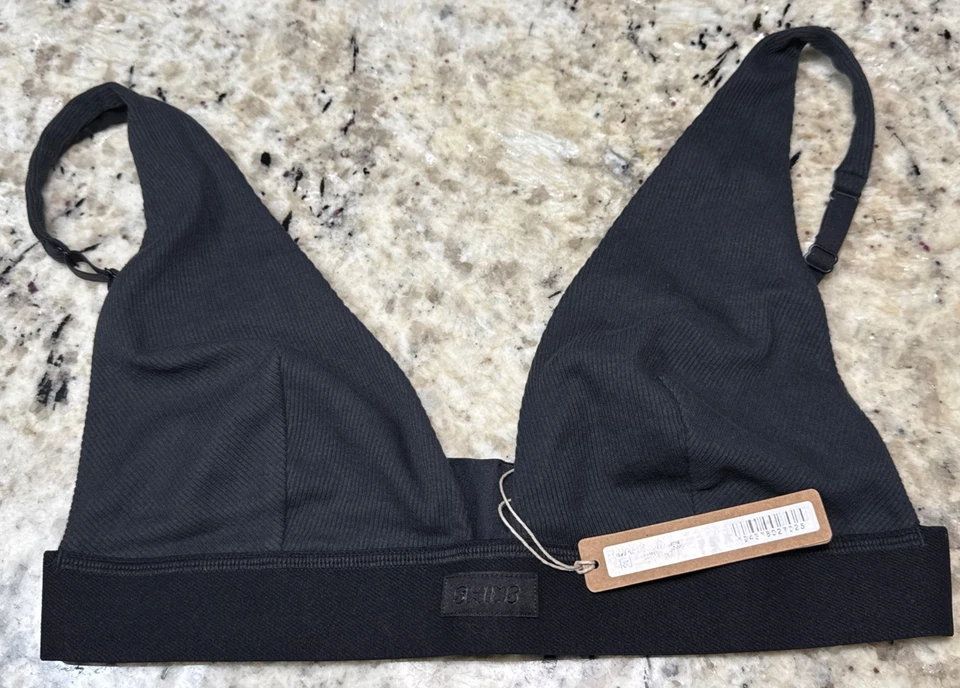 SKIMS Cotton Rib Plunge Bralette Black Size XL Adjustable Straps Soot
