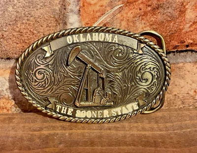 Vintage 1980 Brass Oklahoma Belt Buckle... Made in USA...Ships Free! - Image 1 of 4