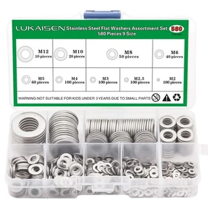 304 Stainless Steel Flat Washers Set 580 Pieces, 9 Sizes - M2 M2.5 M3 M4 M5 M... - Picture 1 of 7