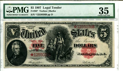 FR 88* STAR 1907 $5 Legal Tender - WHOODCHOPPER - PMG 35 CHOICE VERY FINE - Image 1 of 2