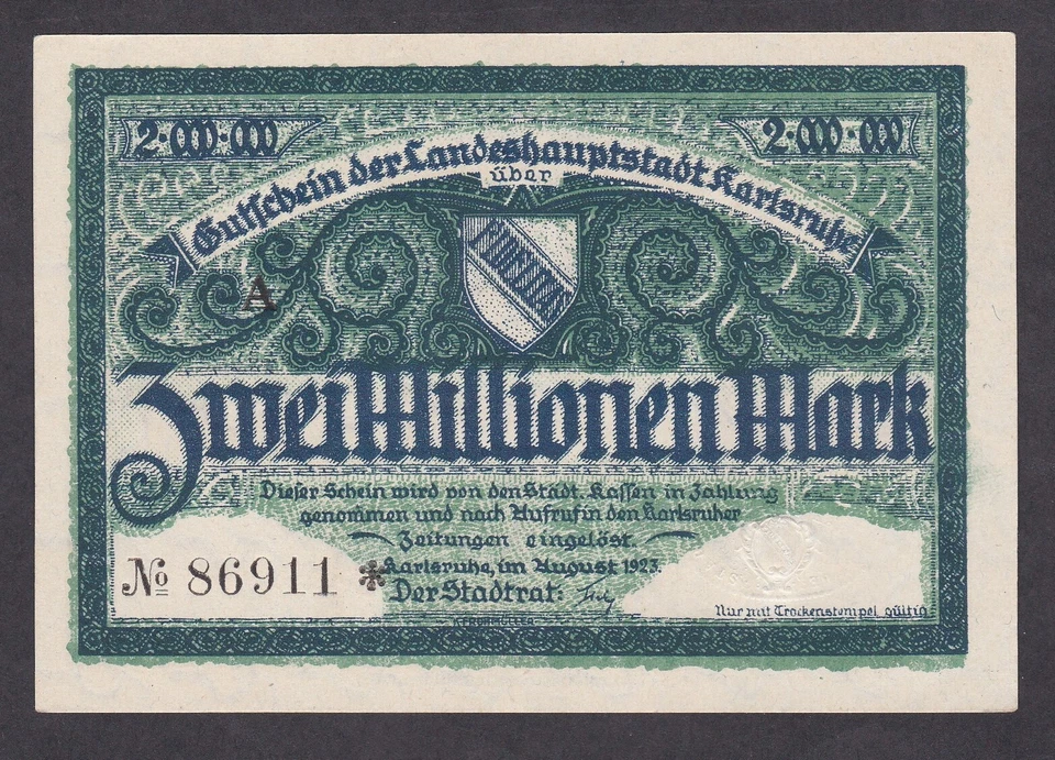 [UNC] 1923 Germany Karlsruhe 2000000 (2 Millionen) Mark [B5] - Image 1 of 2