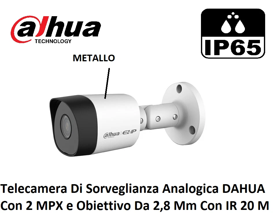 DAHUA HAC-HFW12 TELECAMERA BULLET HDCVI IBRIDA 4IN1 1080P 2MPX 2.8MM IP66 - Immagine 1 di 1