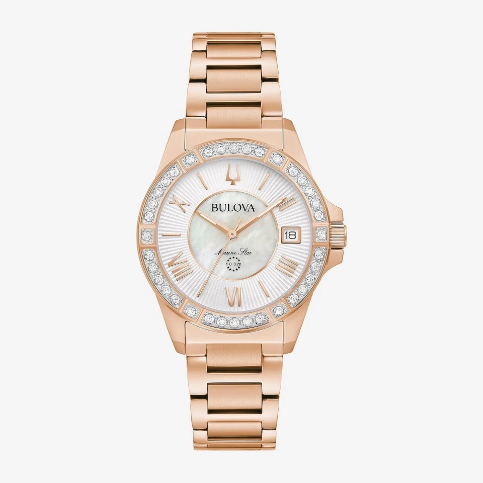 BULOVA Women's Marine Star Rose Gold Stainless Steel Diamond WATCH 98R295