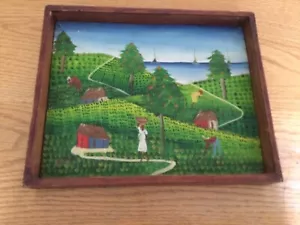 Pintura artística caribeña vintage escena agrícola enmarcada firmada - Imagen 1 de 3