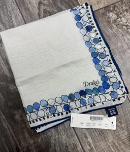 NWT! Drake’s London cotton/silk Pocket Square • white+blue • Made in Italy - Picture 1 of 8