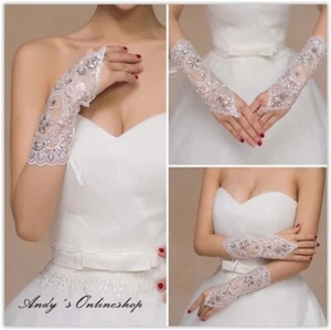 Brauthandschuhe Hochzeit Brautschmuck Spitze Braut Handschuhe Weiß Blumenmotiv - Bild 1 von 4