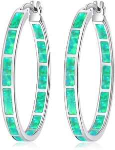 Vikoly Hawaii Round Hoop Green Fire Opal Earrings Silver Filled For Women Girls - Picture 1 of 5