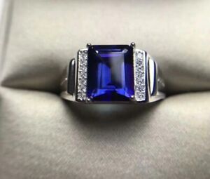 4Ct Lab-Created Blue Sapphire Men's Engagement Ring 14K White Gold Plated Silver