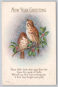 Postcard Happy New Year Greetings Little Birds C 1919 Embossed - Picture 1 of 2