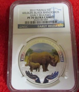 2012 S$1 Tuvalu Wildlife Black Rhinoceros Early Release NGC PF70 Rhino Endangere - Picture 1 of 6