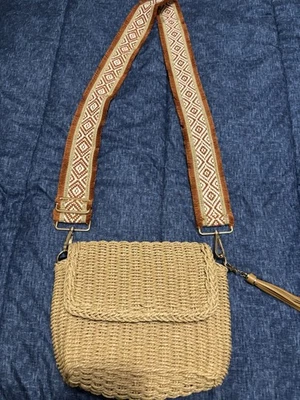 Straw Crossbody Bag Beige With Boho Fringe Adjustable Strap And Tassel Accent - Image 1 of 4