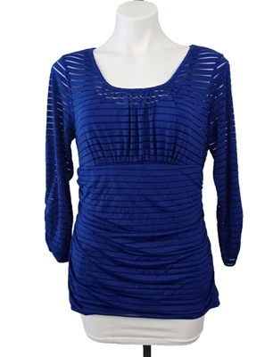 AB Studio Sheer Lined Stripped 3/4 Sleeve Scoop Neckline Shirt Blue L - Image 1 of 4