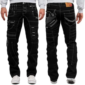 Kosmo Lupo Herren Schwarz Jeans Regular Fit Weiße Nähte Reißverschluss Design Modern Klassisch - Bild 1 von 9