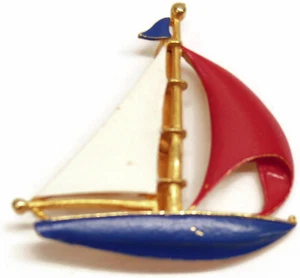 Broche JJ años 60 solapa pin velero rojo blanco azul esmalte tono dorado metal - Imagen 1 de 2