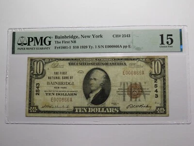 $10 1929 Bainbridge New York NY National Currency Bank Note Bill Ch. #2543 F15 - Image 1 of 4
