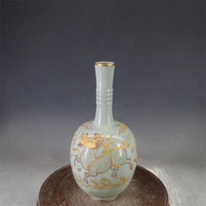 Vaso 11,22" Dinastia Canzone Ufficiale Forno Ru Porcellana Modello Qilin Dorato - Foto 1 di 10