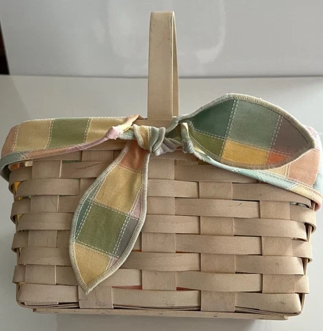 Longaberger 2001  Basket White Washed Pastel Check Cloth Liner Easter Or Spring Cover