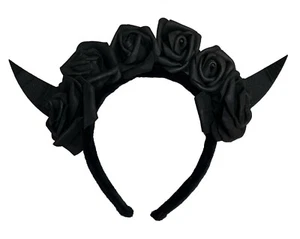 Black Rose Headband with Devil Horn's Halloween Flower Demon Fancy Dress - Picture 1 of 1