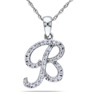 Amour 10k White Gold 1/6CT TDW Diamond 'B' Initial Pendant with Chain - Picture 1 of 5