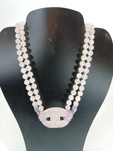 Rose Quartz and Amethyst Beaded Double Strand Necklace with Carved Knot 30" - Picture 1 of 5