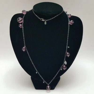 J CREW Pink Bead Long Necklace Gunmetal Chain 32" Flapper Asymmetrical  - Image 1 of 4