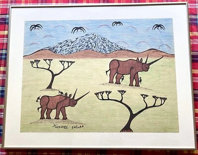 Rinocerontes Kamante Gatura, buitres/pájaros bueyes, medios mixtos del monte Kenia c 1970 arte popular Foto 1 de 4