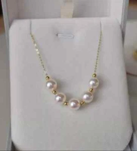 AAA+6-7mm Gorgeous real natural AKOYA WHITE round pearl necklace 14k gold 18 ” - Picture 1 of 4