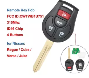 Remote Car Key Fob 4 Buttons 315Mhz ID46 for Nissan Rogue Versa Tiida - Picture 1 of 6