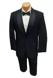 Men's Black Tuxedo with Pants 100% Wool Two Button Satin Shawl Lapels 40S 34W - Picture 1 of 4