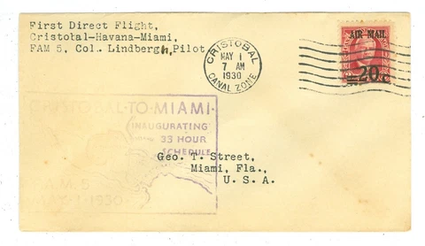 1930 PANAM FLIGHT COVER AAMC FAM 5-48 CANAL ZONE LINDBERGH #74, LINDY Cover