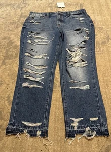 New KanCan Jeans Womens Junior Jr  Sz 15 / 31 Stretch Blue Distressed Raw Hem - Picture 1 of 9